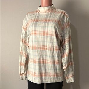 Lands End Shirt Women’s Plaid Mock Turtle Neck 100% Cotton Long Sleeve Top Shirt